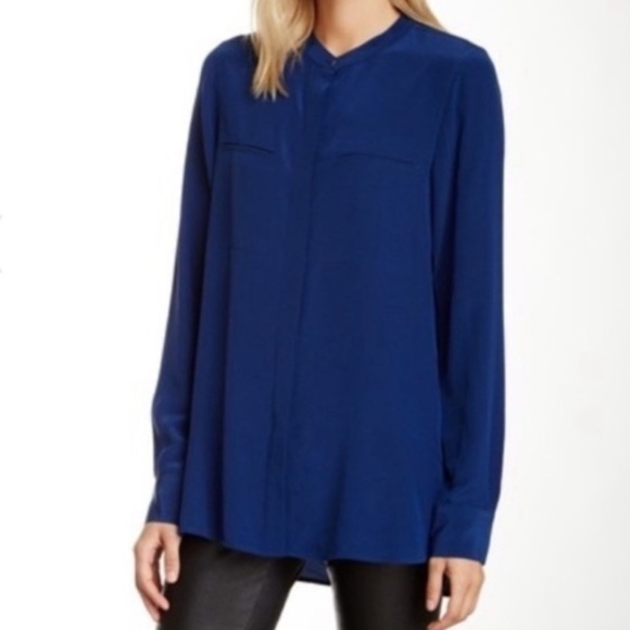 Vince Blue Silk Oversized Pocket Blouse Button Front Shirt Size 10 - Picture 1 of 12